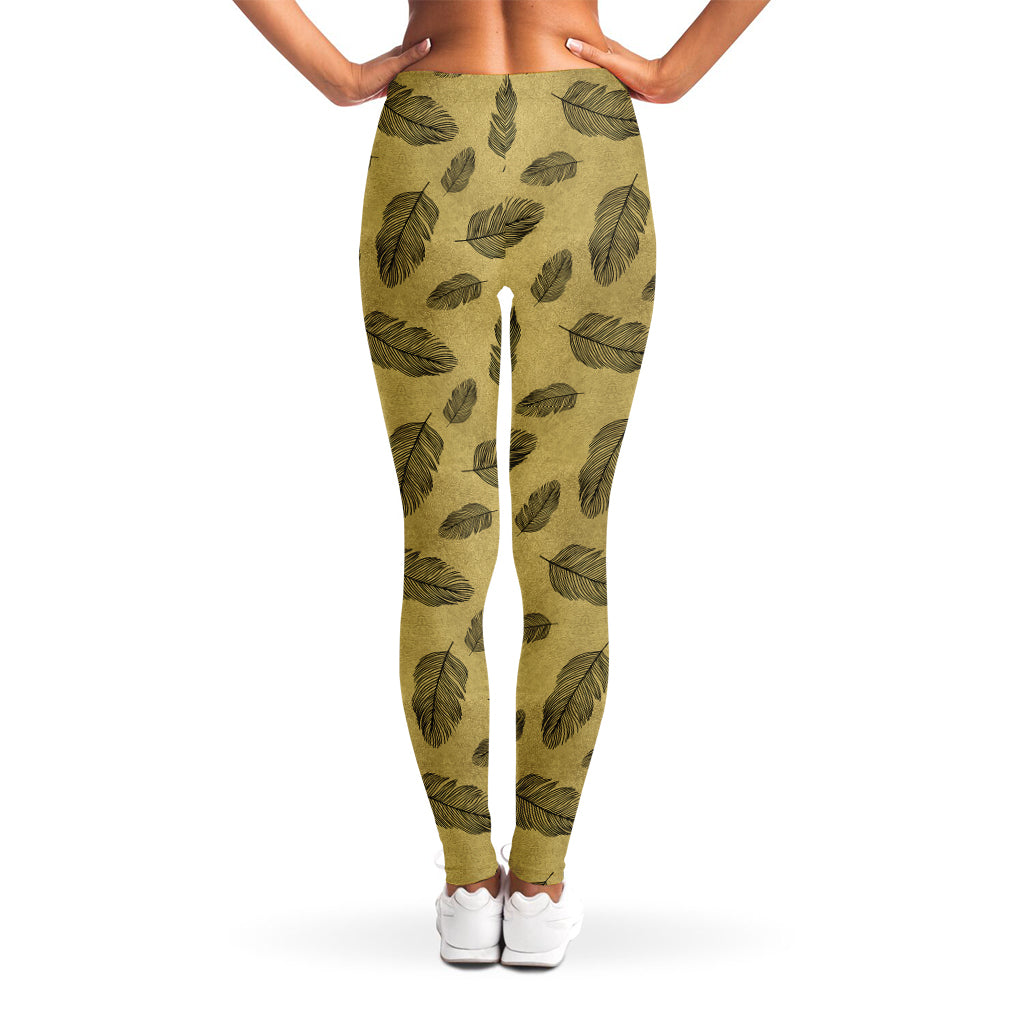 Black And Gold Feather Pattern Print Women's Leggings