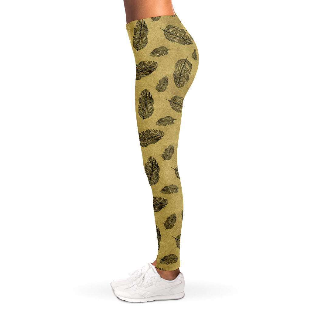 Black And Gold Feather Pattern Print Women's Leggings