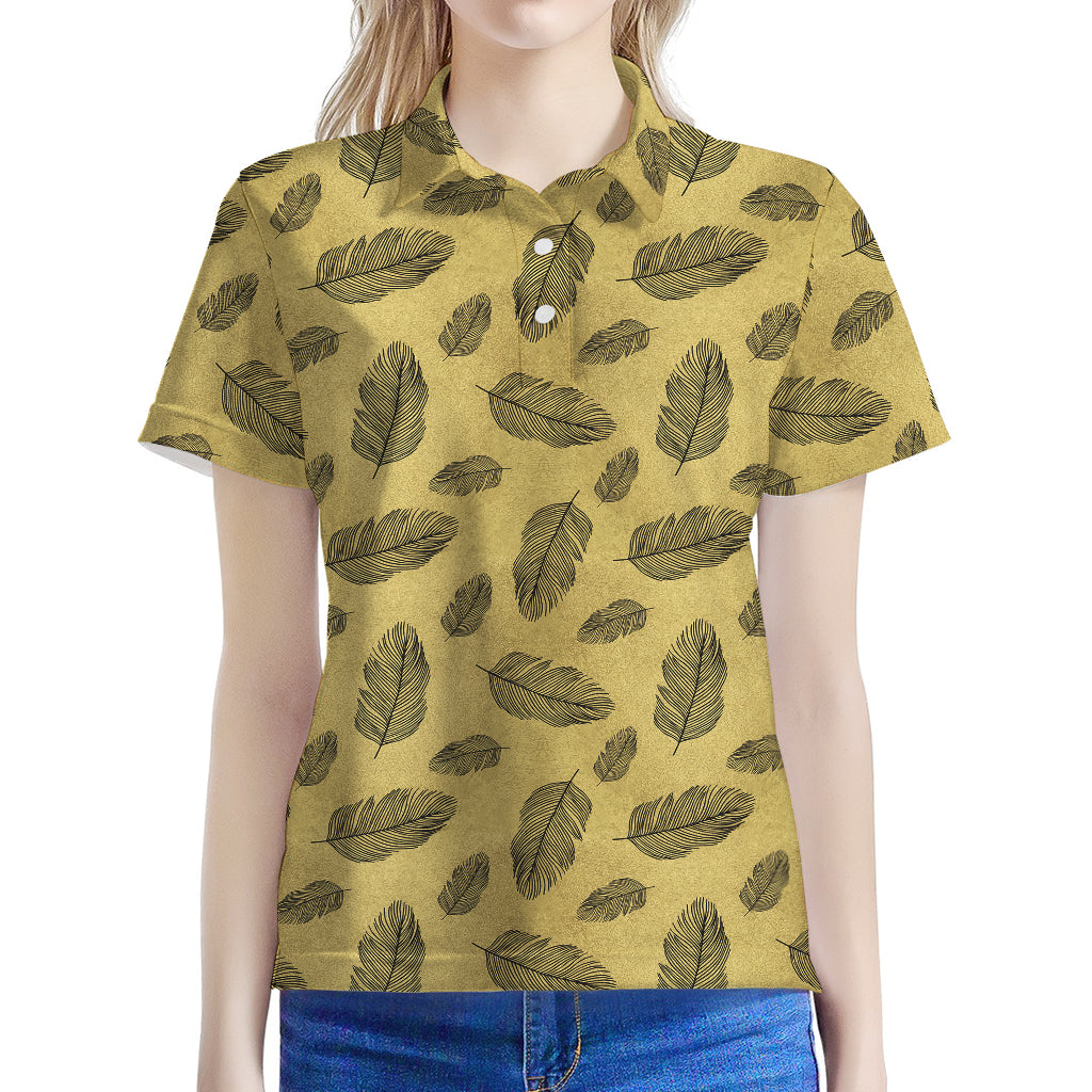 Black And Gold Feather Pattern Print Women's Polo Shirt
