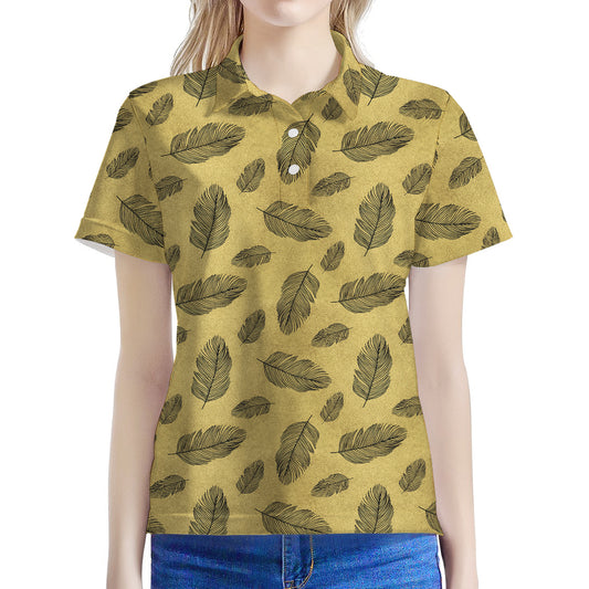 Black And Gold Feather Pattern Print Women's Polo Shirt