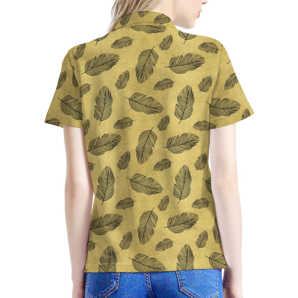Black And Gold Feather Pattern Print Women's Polo Shirt