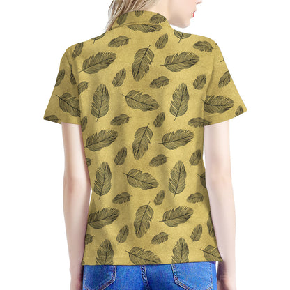 Black And Gold Feather Pattern Print Women's Polo Shirt