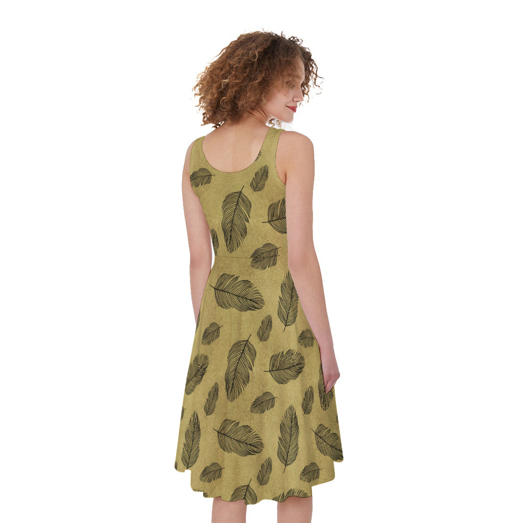 Black And Gold Feather Pattern Print Women's Sleeveless Dress