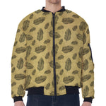 Black And Gold Feather Pattern Print Zip Sleeve Bomber Jacket