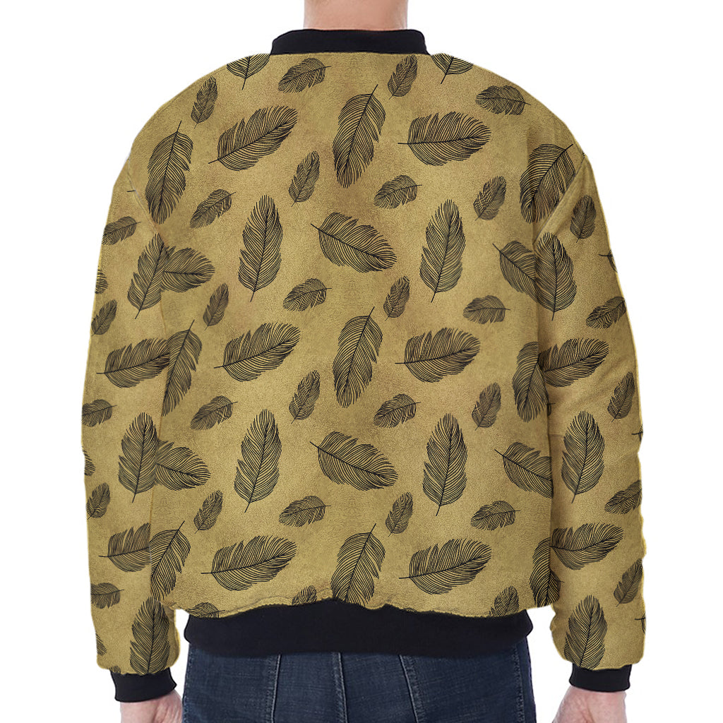 Black And Gold Feather Pattern Print Zip Sleeve Bomber Jacket