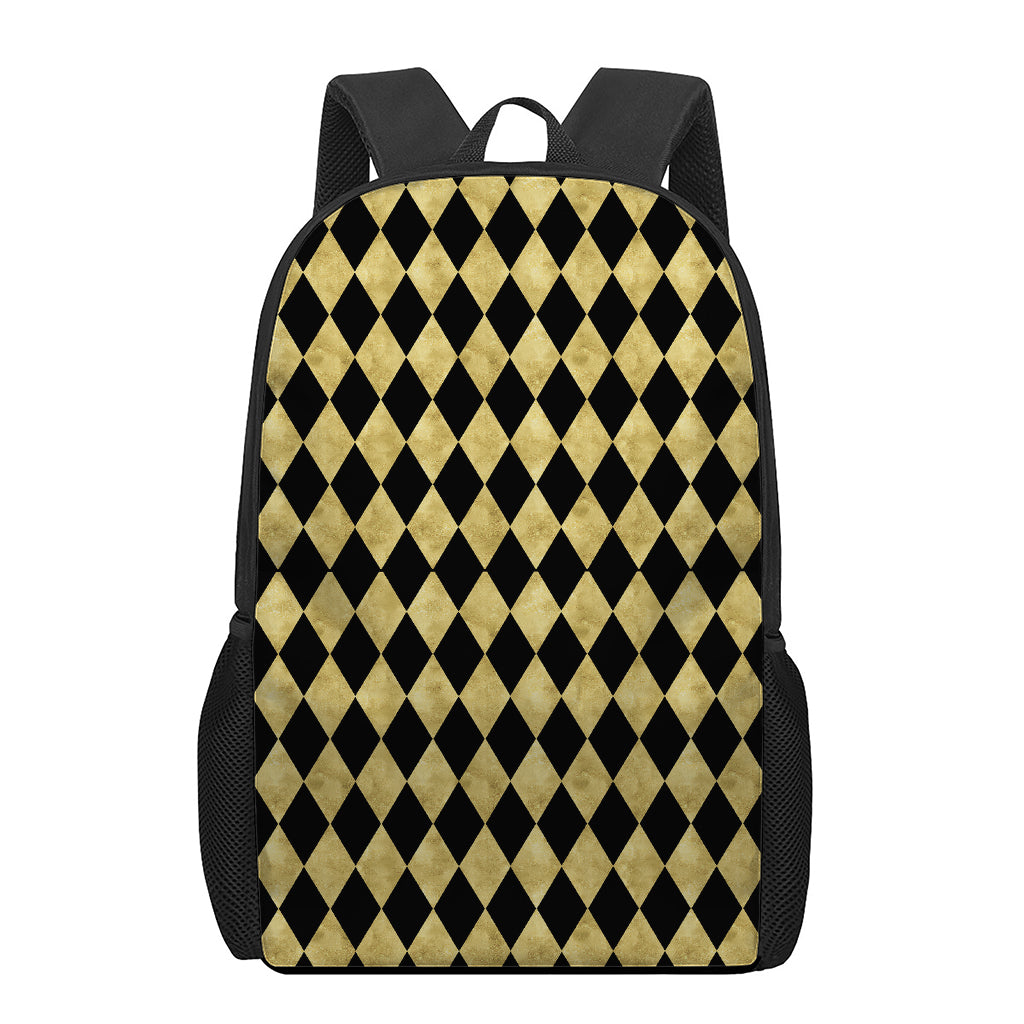 Black And Gold Harlequin Pattern Print 17 Inch Backpack