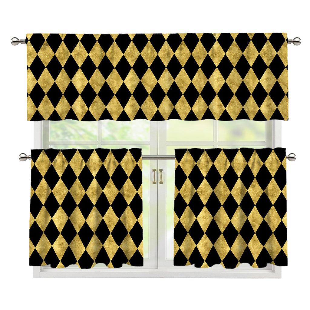 Black And Gold Harlequin Pattern Print 3 Piece Kitchen Curtains