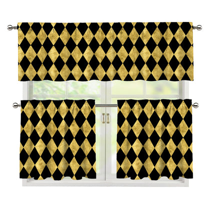 Black And Gold Harlequin Pattern Print 3 Piece Kitchen Curtains