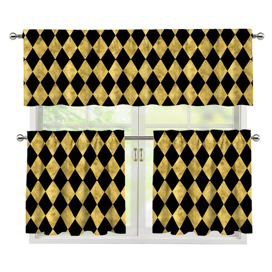 Black And Gold Harlequin Pattern Print 3 Piece Kitchen Curtains