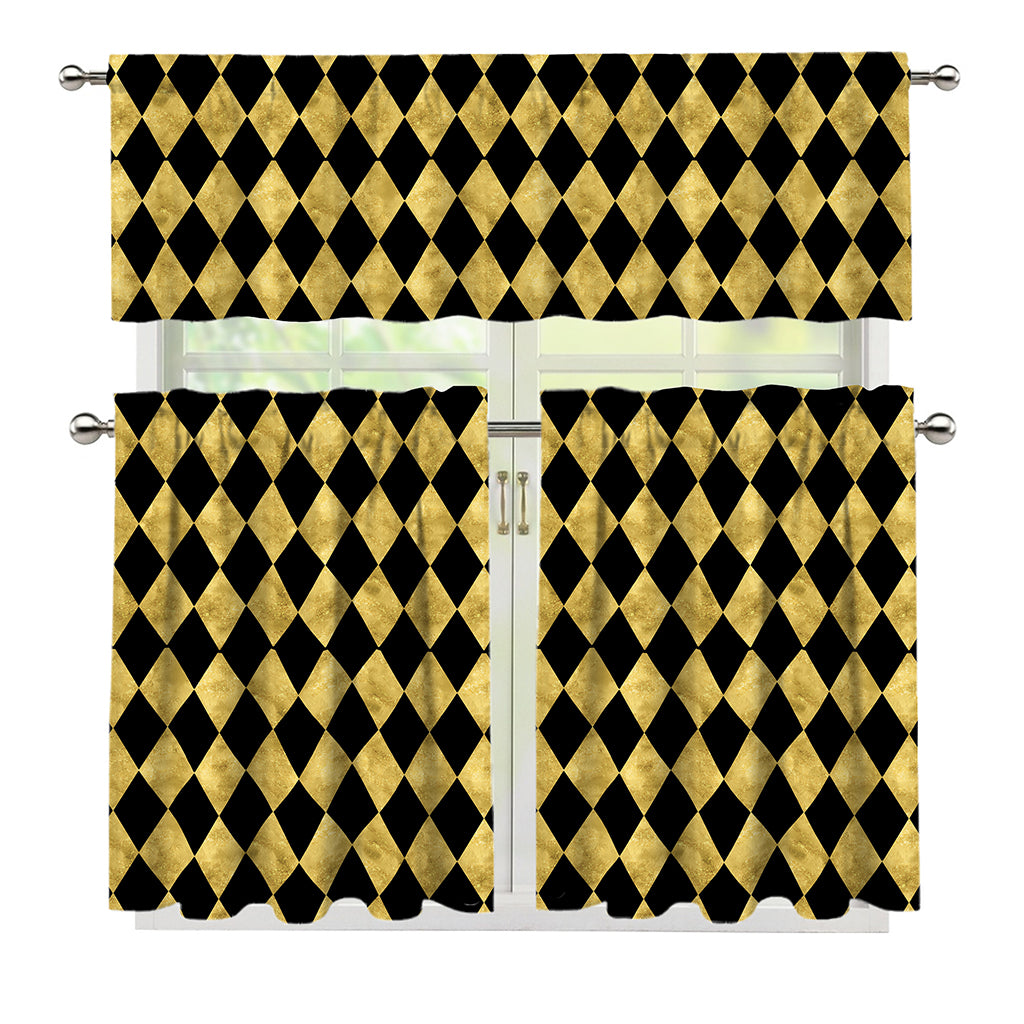 Black And Gold Harlequin Pattern Print 3 Piece Kitchen Curtains