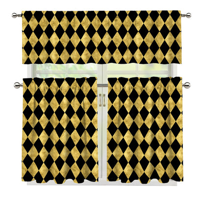 Black And Gold Harlequin Pattern Print 3 Piece Kitchen Curtains