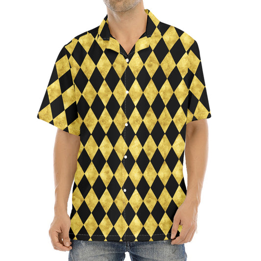 Black And Gold Harlequin Pattern Print Aloha Shirt