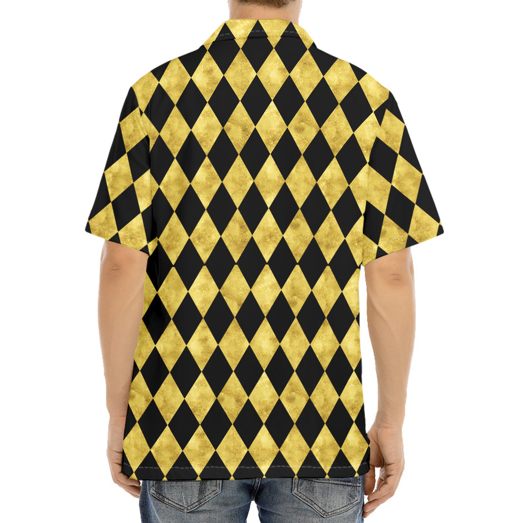 Black And Gold Harlequin Pattern Print Aloha Shirt