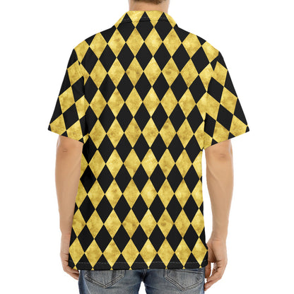 Black And Gold Harlequin Pattern Print Aloha Shirt