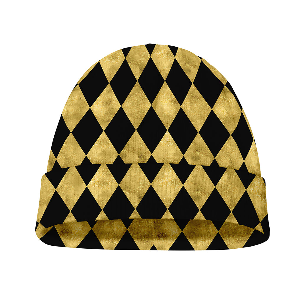 Black And Gold Harlequin Pattern Print Beanie