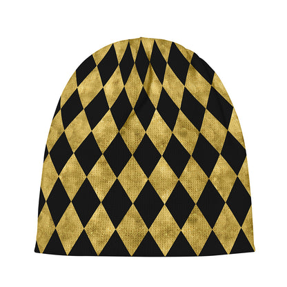 Black And Gold Harlequin Pattern Print Beanie