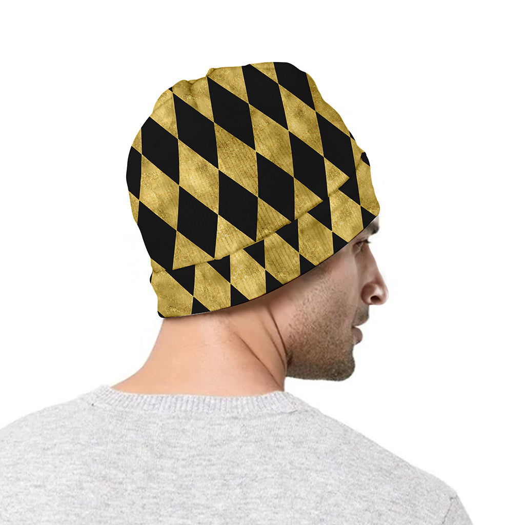 Black And Gold Harlequin Pattern Print Beanie