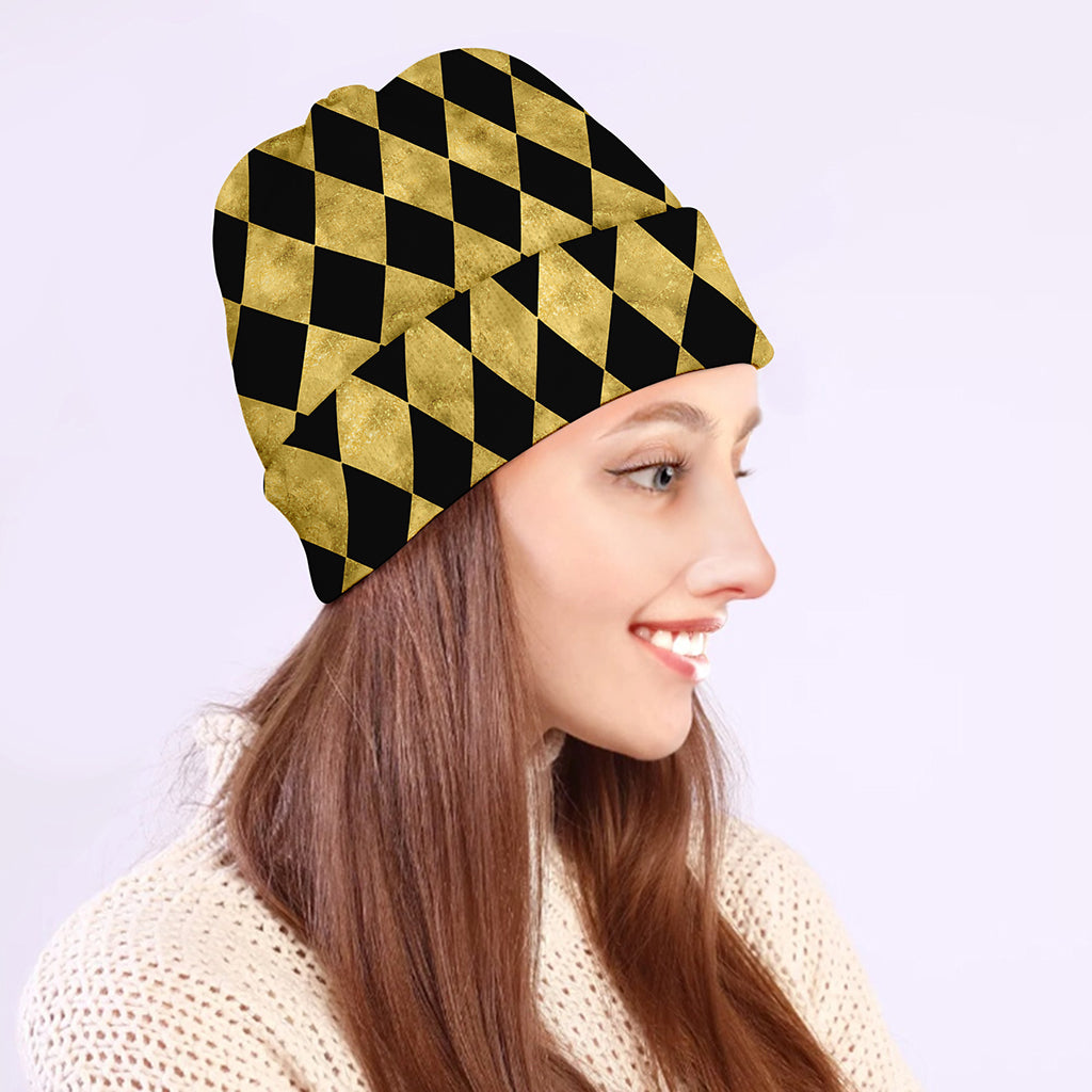 Black And Gold Harlequin Pattern Print Beanie