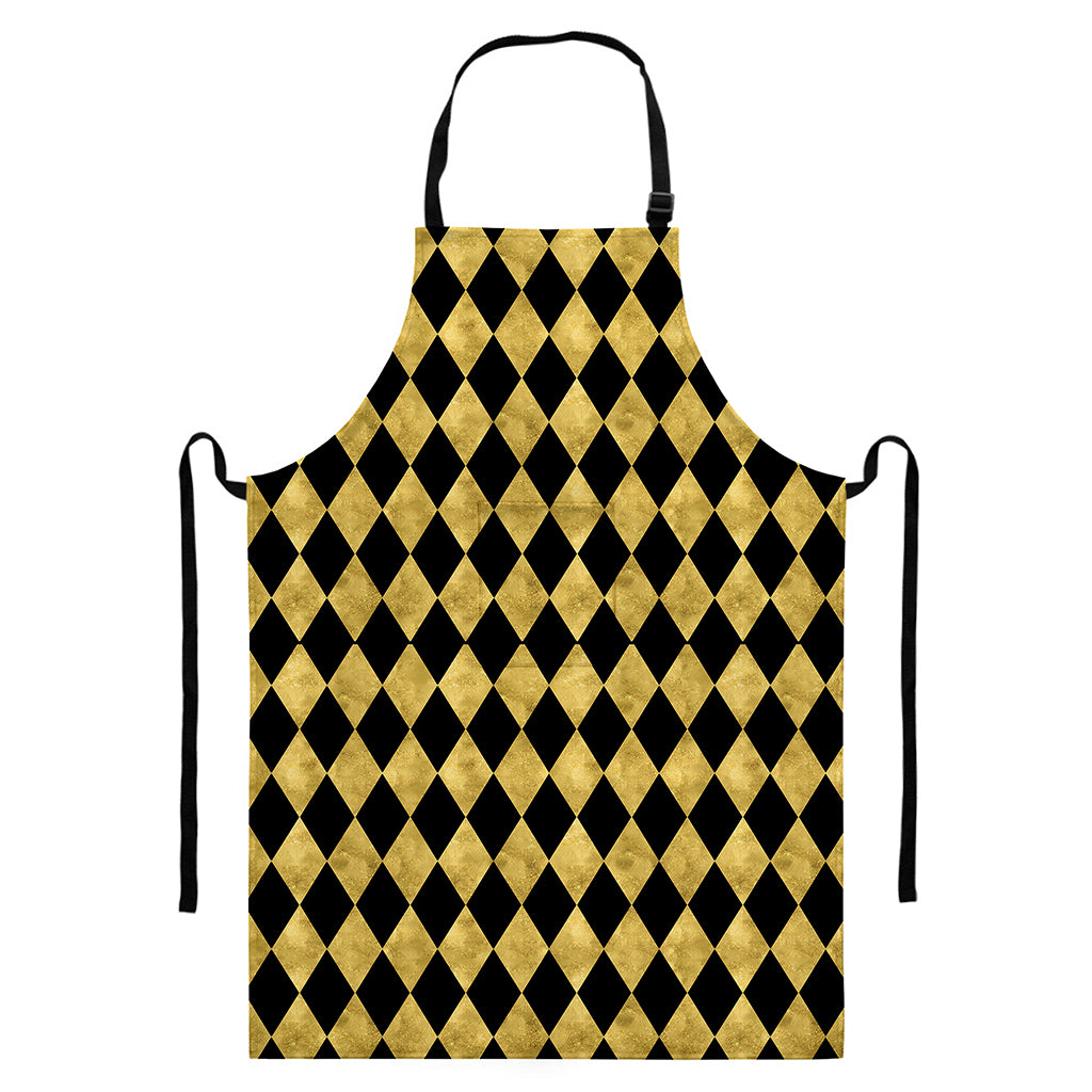 Black And Gold Harlequin Pattern Print Bib Apron With Pocket