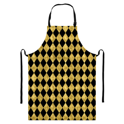 Black And Gold Harlequin Pattern Print Bib Apron With Pocket