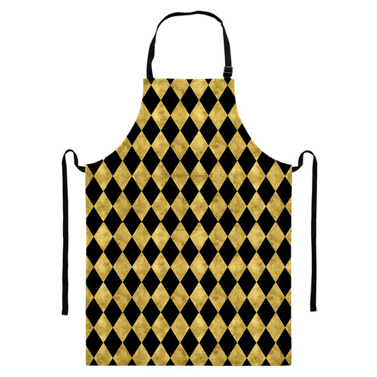 Black And Gold Harlequin Pattern Print Bib Apron With Pocket