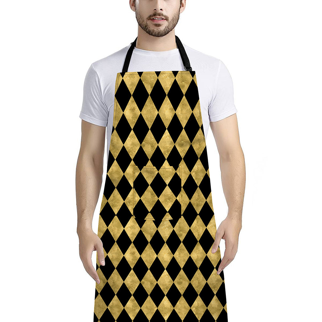 Black And Gold Harlequin Pattern Print Bib Apron With Pocket