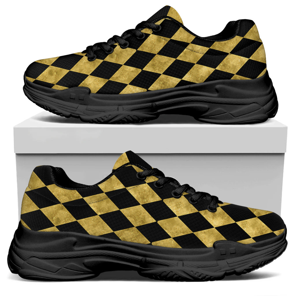 Black And Gold Harlequin Pattern Print Black Chunky Shoes
