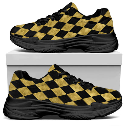 Black And Gold Harlequin Pattern Print Black Chunky Shoes