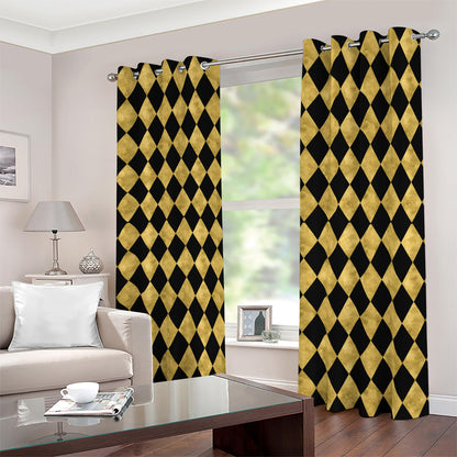Black And Gold Harlequin Pattern Print Blackout Grommet Curtains