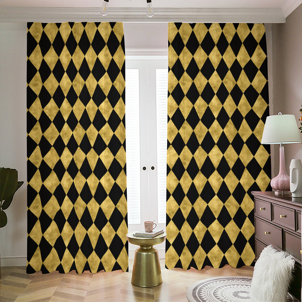 Black And Gold Harlequin Pattern Print Blackout Pencil Pleat Curtains