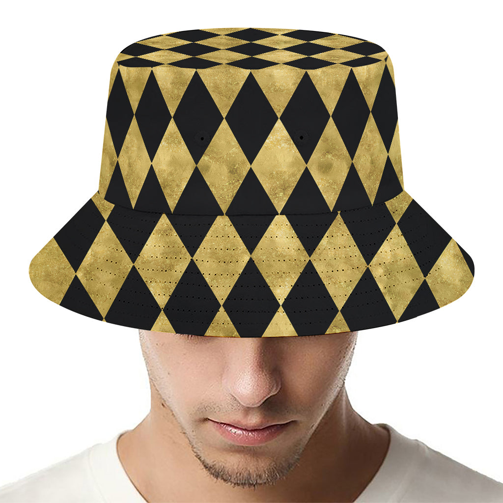 Black And Gold Harlequin Pattern Print Bucket Hat