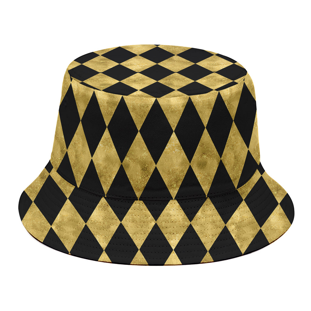Black And Gold Harlequin Pattern Print Bucket Hat