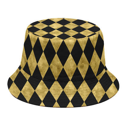Black And Gold Harlequin Pattern Print Bucket Hat