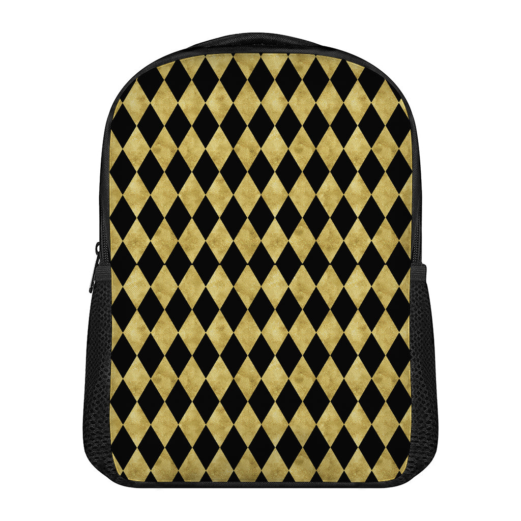 Black And Gold Harlequin Pattern Print Casual Backpack