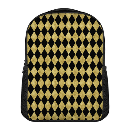 Black And Gold Harlequin Pattern Print Casual Backpack