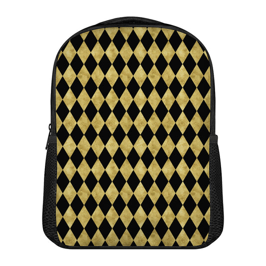 Black And Gold Harlequin Pattern Print Casual Backpack