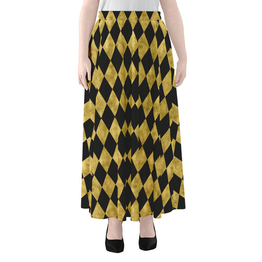 Black And Gold Harlequin Pattern Print Chiffon Maxi Skirt