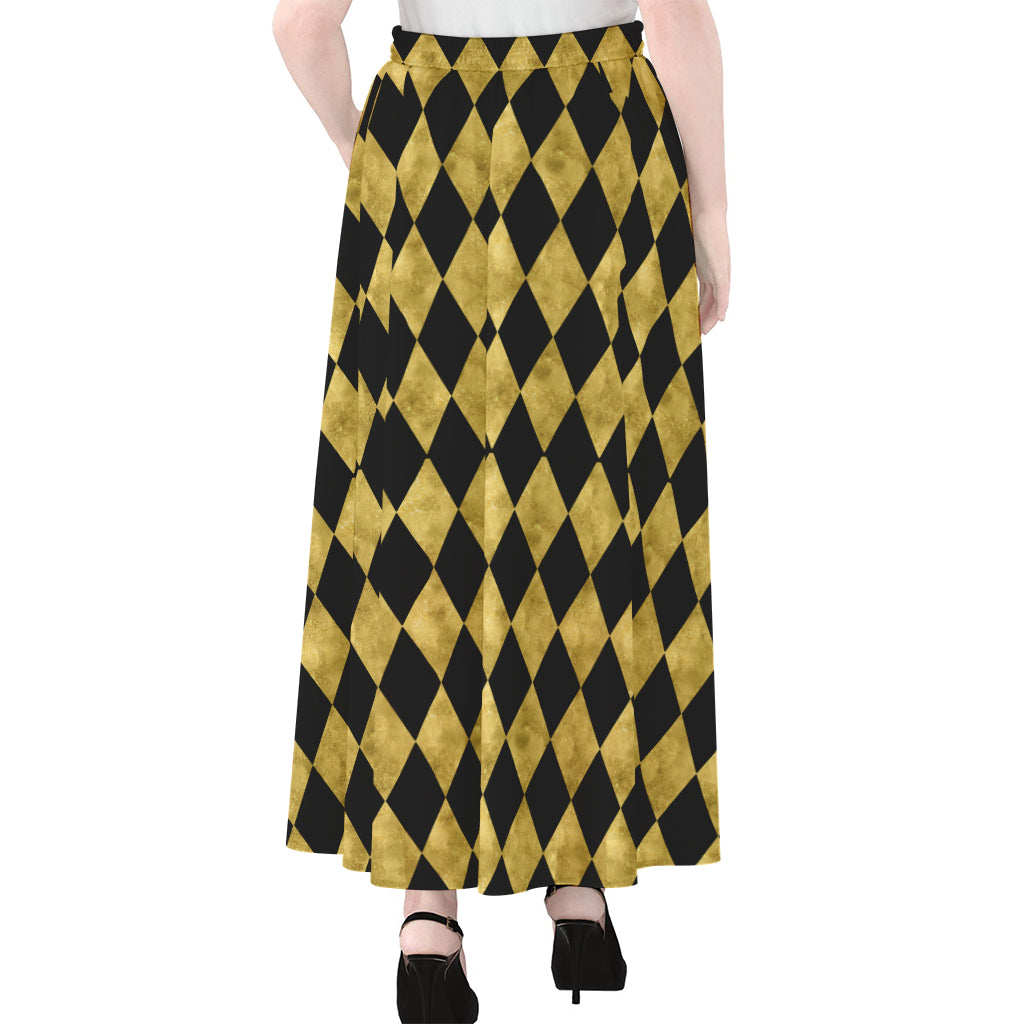 Black And Gold Harlequin Pattern Print Chiffon Maxi Skirt