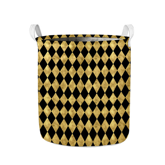 Black And Gold Harlequin Pattern Print Collapsible Laundry Basket