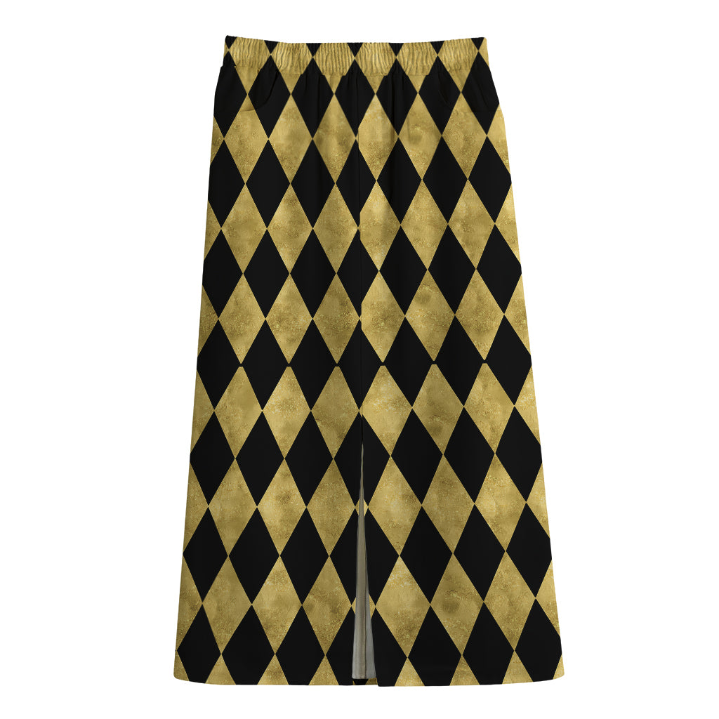 Black And Gold Harlequin Pattern Print Cotton Front Slit Maxi Skirt