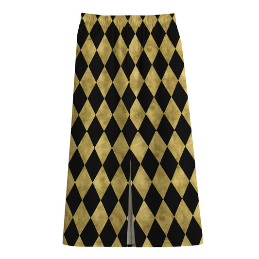 Black And Gold Harlequin Pattern Print Cotton Front Slit Maxi Skirt