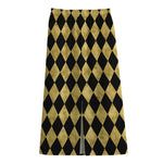 Black And Gold Harlequin Pattern Print Cotton Front Slit Maxi Skirt