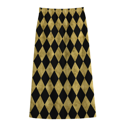 Black And Gold Harlequin Pattern Print Cotton Front Slit Maxi Skirt