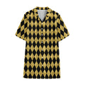 Black And Gold Harlequin Pattern Print Cotton Hawaiian Shirt