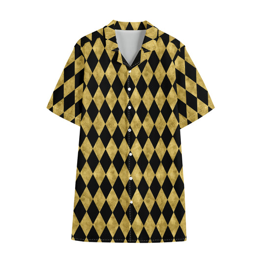Black And Gold Harlequin Pattern Print Cotton Hawaiian Shirt
