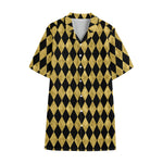 Black And Gold Harlequin Pattern Print Cotton Hawaiian Shirt