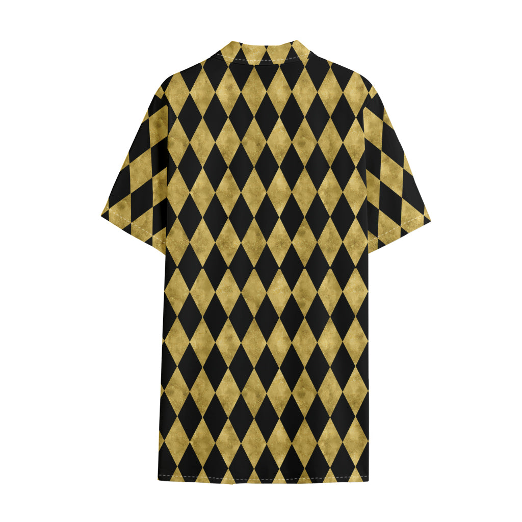 Black And Gold Harlequin Pattern Print Cotton Hawaiian Shirt