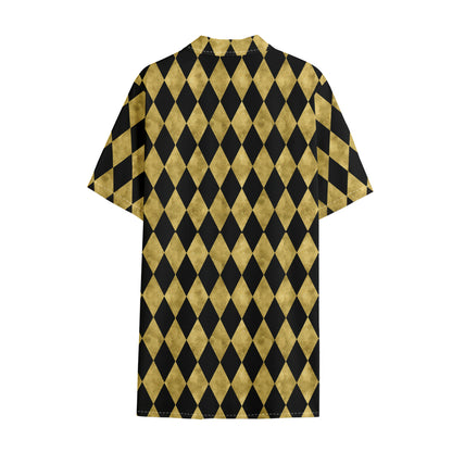 Black And Gold Harlequin Pattern Print Cotton Hawaiian Shirt