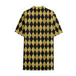 Black And Gold Harlequin Pattern Print Cotton Hawaiian Shirt