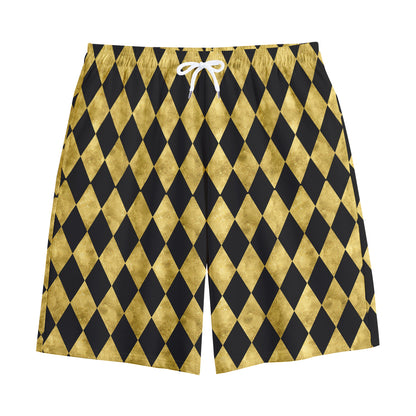 Black And Gold Harlequin Pattern Print Cotton Shorts